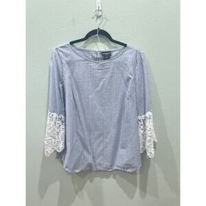 Liz Claiborne Career Blue Striped Blouse w/ Lace accent Angel Sleeves Womens PXL